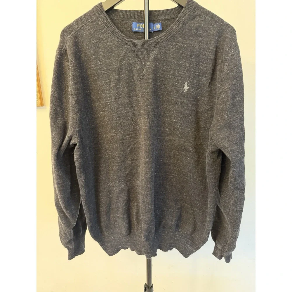 POLO RALPH LAUREN Sweater Mens Large Gray/Black Heather Crew Neck 100% Cotton